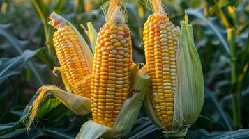 Three corn cobs are standing in a field. The corn is ripe and ready to be harvested photo