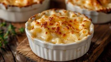 un blanco cuenco de macarrones y queso con un espolvorear de hierbas en parte superior foto