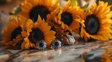 elegante contraste de girasoles gemelos y mármol superficies foto