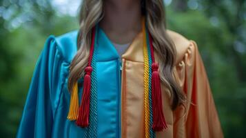 orgulloso graduado en vibrante graduación vestido con vistoso borlas celebra académico logro en foto