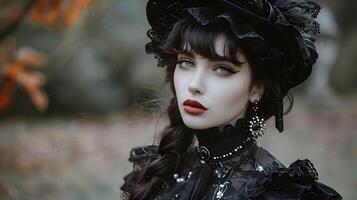 Captivating Gothic Fashion Photoshoot in Mysterious Outdoor Landscape photo