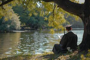 Graduate in Academic Robe Reading Degree Under Autumn Tree by Lakeside photo