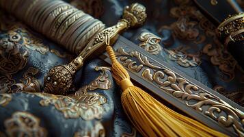 Ceremonial Sword with Golden Tassel A Regal and Ornate Artifact Symbolizing Honor and Tradition photo