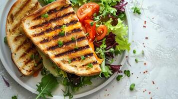 A grilled sandwich with lettuce and tomato on a white plate. The sandwich is cut in half and placed on top of a bed of greens photo