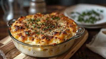 A large bowl of macaroni and cheese with a sprinkle of parsley on top photo