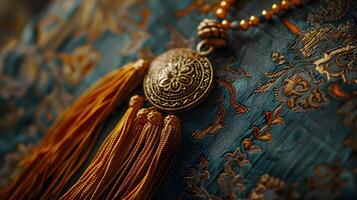 Close up of an Ornate Tassel on a Luxury Invitation Symbolizing Exclusive Recognition and High photo