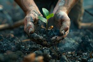 un persona es participación un pequeño planta en su manos foto