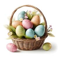 Wicker basket with Easter colored eggs and spring flowers isolated on white background photo