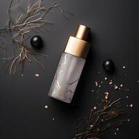 Luxury micellar bottle mockup template on a dark background, top view. Natural, organic concept photo