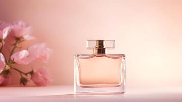 Glass luxury perfume bottle mockup template with flowers on a light pink background. photo