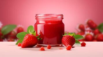 Glass jar with strawberry jam on a light pink background photo