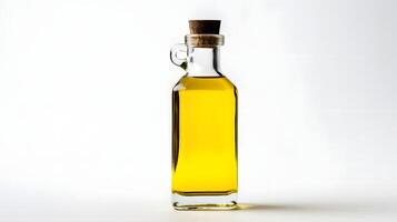 Olive oil bottle isolated on white background, top view photo