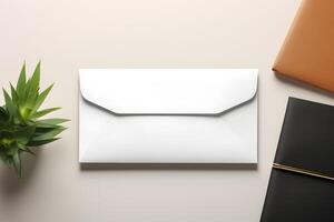 Closed envelope packaging template mockup on white background, top view photo