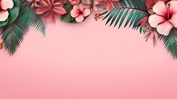 Pink background with tropical leaves and flowers. Summer jungle plants, exotic palm leaf, monstera leaves with space for text, top view photo