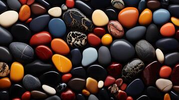 Abstract background with multi-colored sea pebbles. Texture of beach rocks, stones photo