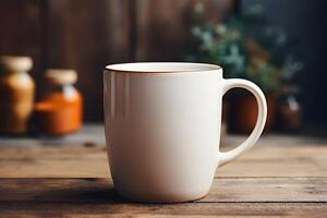 Ceramic mug of coffee mockup on the table photo