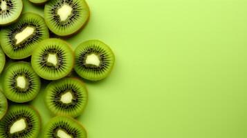 Top view of sliced kiwi on green background. Tropical fruits, food concept, copy space photo