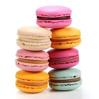 Colorful macaroons isolated on white background. Sweet dessert. photo