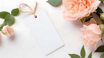 Blank Gift Tag Mockup with roses on a white background, top view, space for text photo