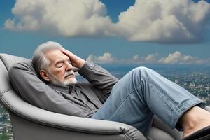 Man 60 plus sleeping in his recliner and dreaming in the clouds photo