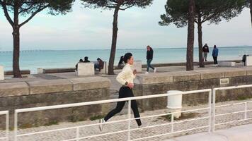 vrouw jogging alleen door dijk Oppervlakte stad in mooi zonnig herfst ochtend. video