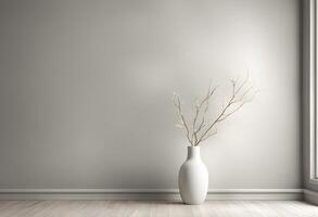 Empty interior background, room with blue wall, vase with branch photo