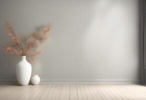 A vase on the room floor Empty interior background, room with blue wall, vase with branch photo