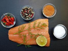 Fresh Salmon filet with herbs and spices photo