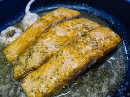 Fresh Salmon filet with herbs and spices photo