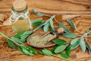 Sage leaves on olive wood photo