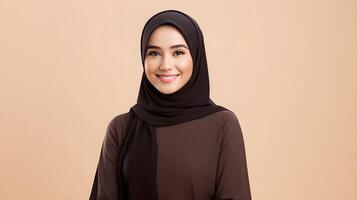 AI generated Close-up portrait of attractive arabic woman wearing scarf on brown background. Business concept photo