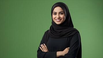 AI generated Close-up portrait of attractive arabic woman wearing scarf and crossing hand on green background. Business concept photo