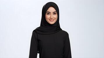 AI generated Close-up portrait of attractive arabic woman wearing scarf on white background. Business concept photo
