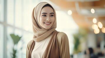 AI generated Beautiful muslim woman in hijab bokeh background. business concept photo