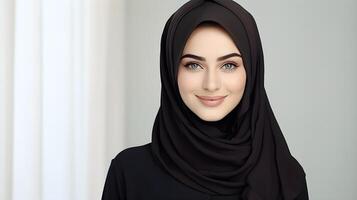 AI generated Close-up portrait of attractive arabic woman wearing scarf on grey background. Business concept photo