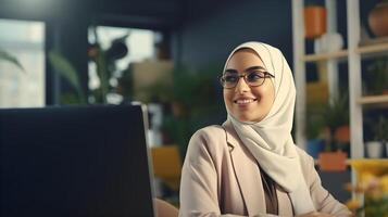 AI generated Beautiful muslim woman in hijab at creative office workplace. business concept photo