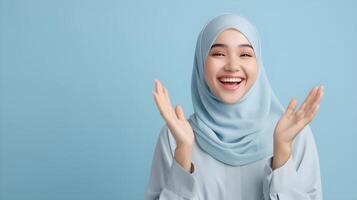 AI generated Close-up portrait of attractive south east asia woman wearing scarf on blue background. Business concept photo