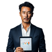 Confident business executive holding digital tablet with graphs png