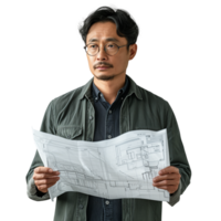 Concentrated architect reviewing intricate blueprints isolated png
