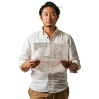 Young Asian architect holding blueprints on transparent background png