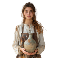 Young female artist holding a handmade ceramic vase png