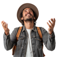 Joyful young man with hat and backpack laughing png