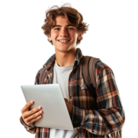 gelukkig tiener- jongen met tablet en rugzak Aan transparant achtergrond png