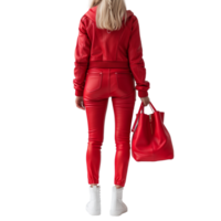 Stylish woman in red leather outfit standing with a bag png