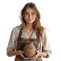 Young female potter holding handmade clay pot in studio png