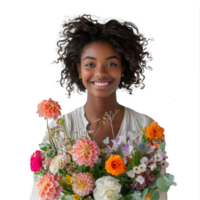 Joyful young woman holding a colorful bouquet of flowers png