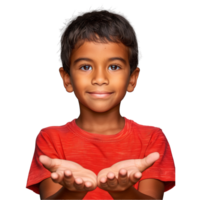 Smiling young boy in red shirt presenting with open hands png