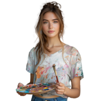 Young female artist with paintbrush and palette on transparent background png