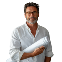 Confident architect with blueprints on a transparent background png