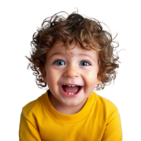 Joyful toddler boy smiling with cute curly hair png